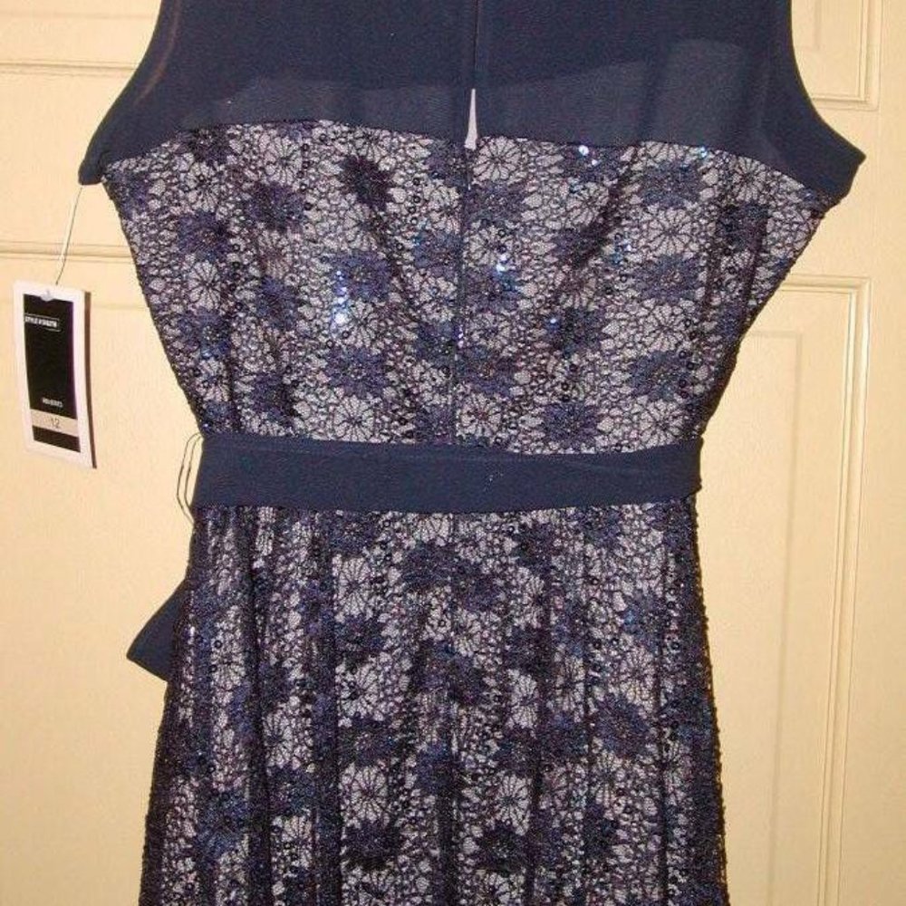 JULIAN TAYLOR WOMENS NAVY SEQUIN FIT FLARE A-LINE OVERLAY DRESS SZ 12 NWT! - Picture 2 of 9